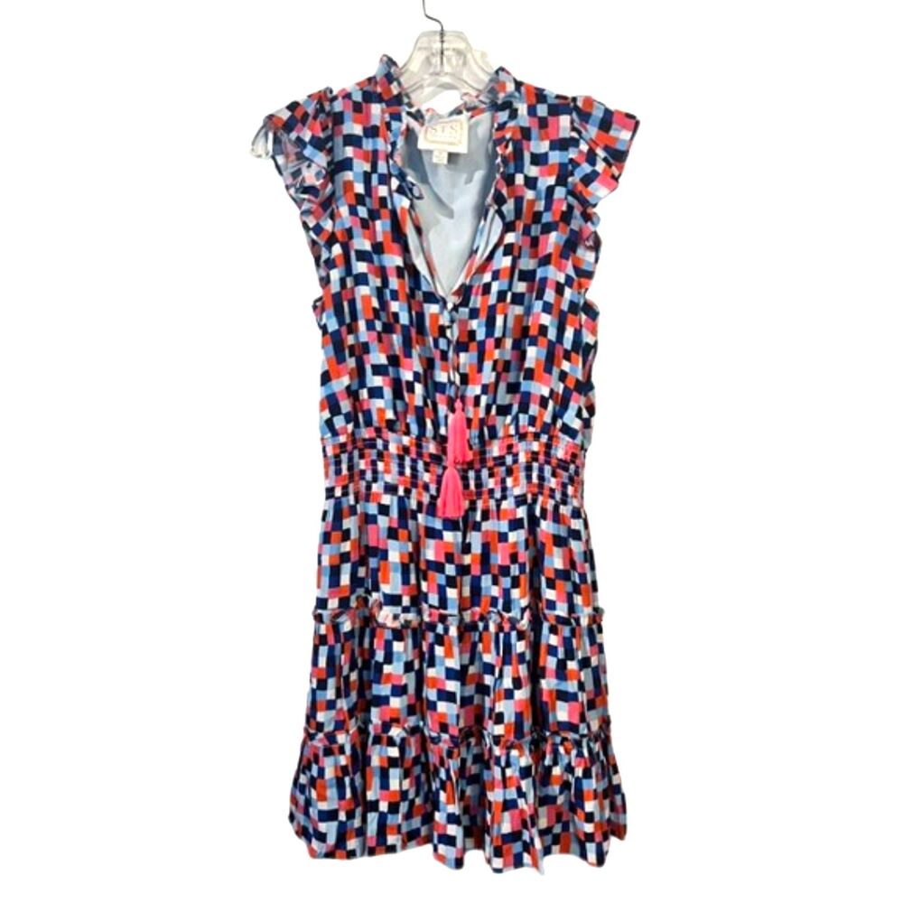 Sail to Sable Geometric Mosaic Smocked Tiered Mini Dress Tassel Flutter M Preppy